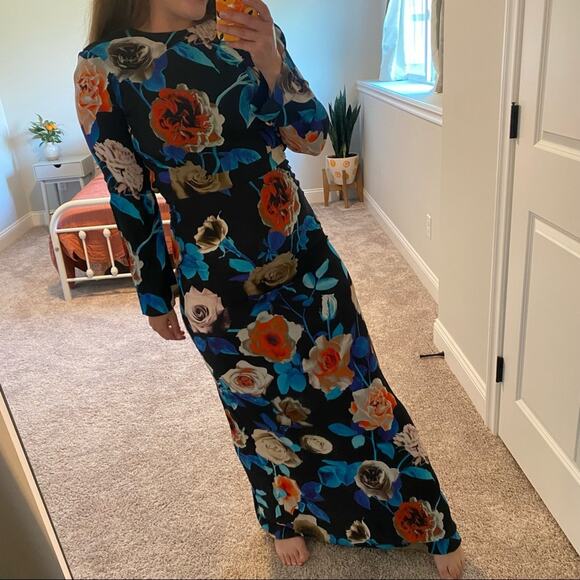 MSGM Milano Blue Red Black Rose Floral Long Sleeve Maxi Gown Dress XS - Picture 13 of 16